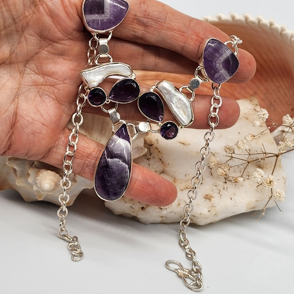 Silver 925 Long Necklace Pendant Pearl  Amethyst Stones - Picture 9 of 10